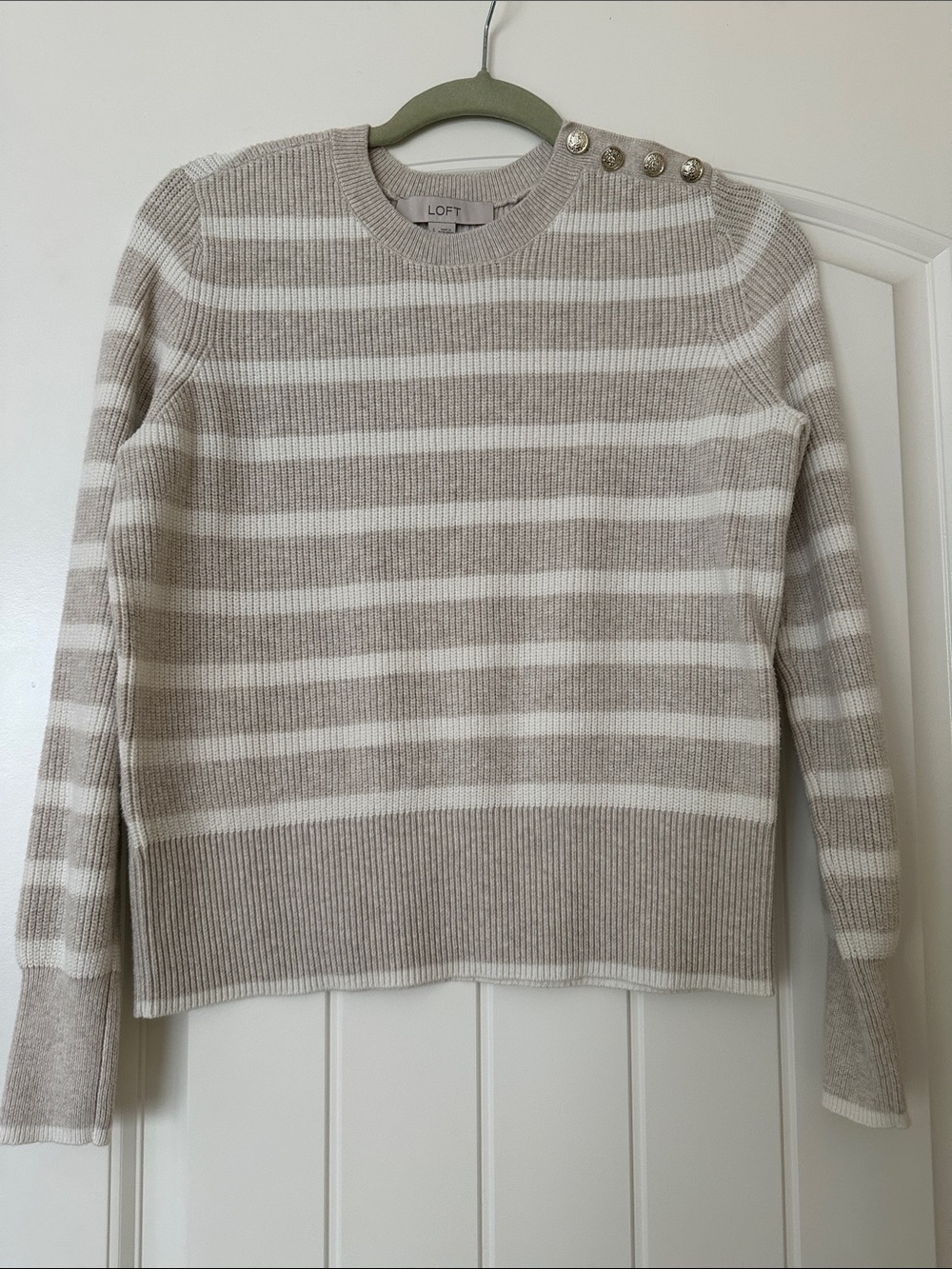 LOFT Taupe & White Striped Crewneck Sweater with Shoulder Buttons Small